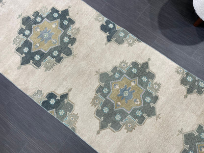 Muted Handmade Runner Rug Turkish Runner 2.7 x 11 Rug Vintage Runner Rug Hallway Runner Rug Kitchen Runner Rug Green Hand Knotted Runner