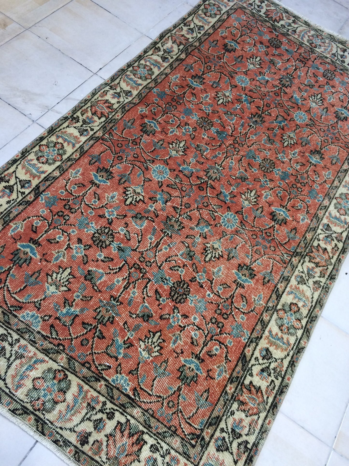 3.5 x 7 Rug Turkish Rug Eclectic Rug Shabby Chic Rug, Rustic Rug,Floral Boho Rug, Rug Runner,  Farmhouse Rug, Vintage Rug, Orange Rug