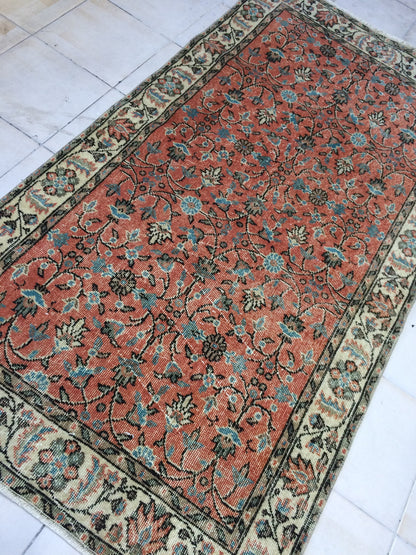 3.5 x 7 Rug Turkish Rug Eclectic Rug Shabby Chic Rug, Rustic Rug,Floral Boho Rug, Rug Runner,  Farmhouse Rug, Vintage Rug, Orange Rug