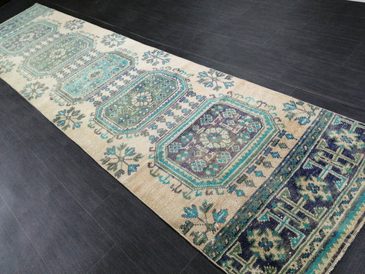 Green Blue Beige Oushak Runner Rug 11.8 x 2.8 Turkish Runner Rug Vintage Runner Rug 3x12 Hallway Runner Rug Kitchen Runner Rug Wool Runner