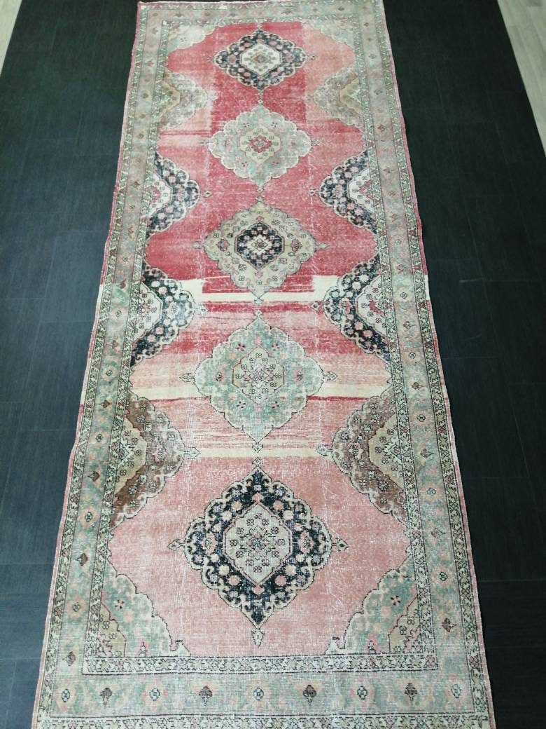 Vintage Runner 4.8 x 12.4 TURKISH Muted Runner Rug Vintage Oushak Runner Rug Light Pink Runner Rug Wool Oriental Runner Antique Runner Rug