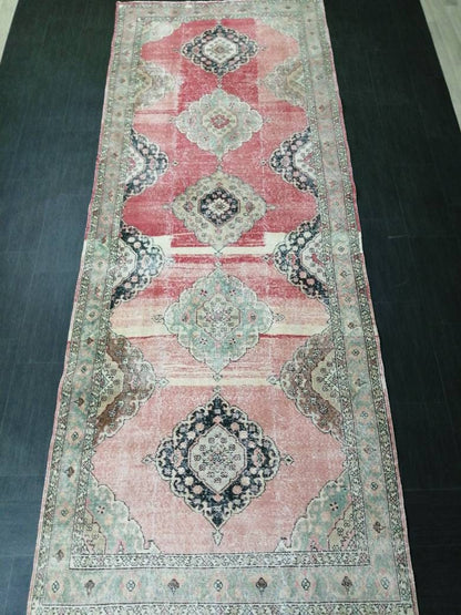 Vintage Runner 4.8 x 12.4 TURKISH Muted Runner Rug Vintage Oushak Runner Rug Light Pink Runner Rug Wool Oriental Runner Antique Runner Rug