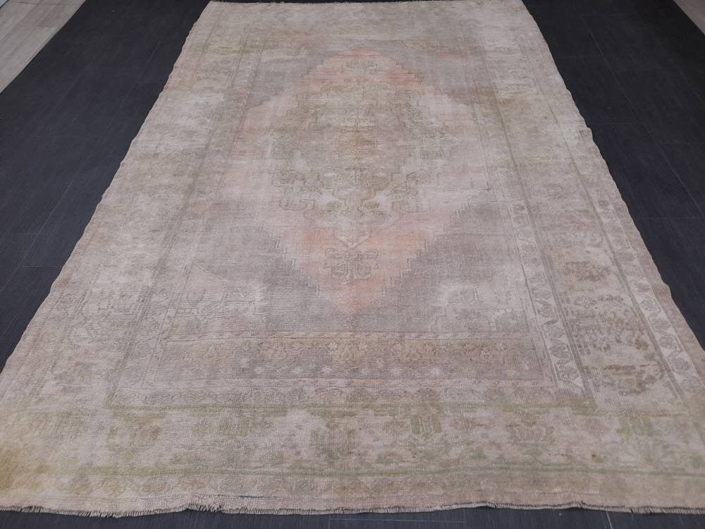 MUTED Handmade Rug 5.2 x 7.8 Vintage Turkish  Rug, Soft wool Rug NATURAL Wool Rug, Living Room Rug, Oushak Rug, Hand Knotted Rug Kitchen Rug
