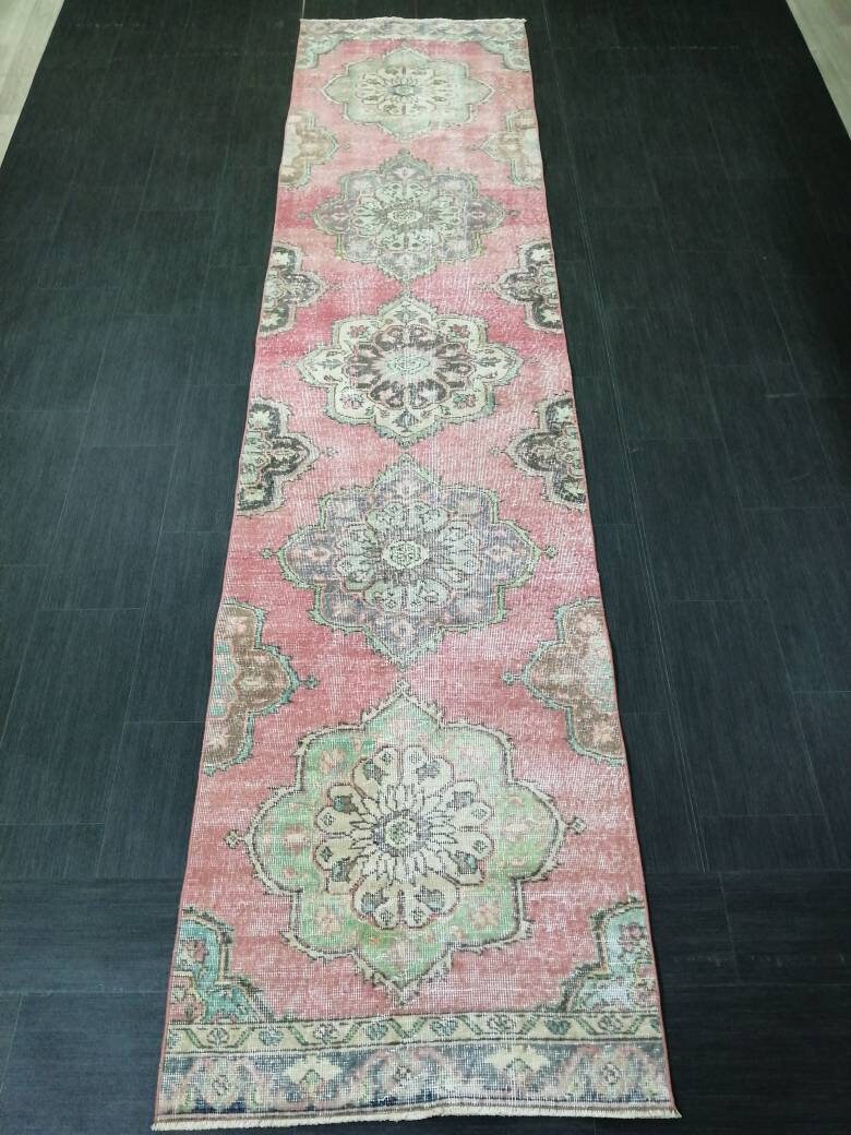 Muted RUNNER Rug, 2.8 x 12 RUNNER Rug,  Oushak Runner Rug, Vintage Turkish Rugs, Oriental Runner Rug, Turkish Oushak Runner Persian Runner