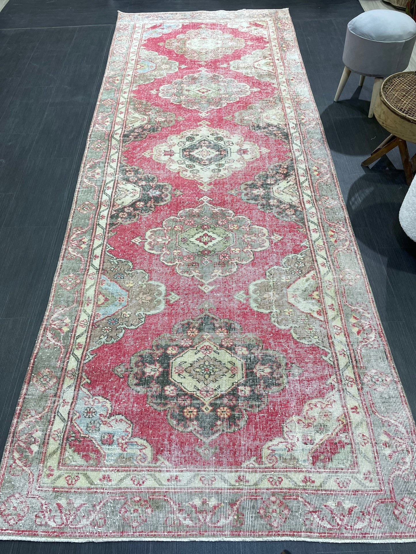 Turkish Runner Rug, Persian Distressed Runner 4.3 x 11.7 Rug, Vintage Runner Rug, Hallway Runner Rug,  Kitchen Runner Rug, Wool Runner Rug