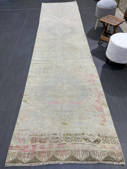 Muted Oushak Runner Rug 3 x 12.5 Vintage Turkish Runner Rug Vintage Runner Rug Hallway Runner Rug Kitchen Runner Rug Wool Runner Rug
