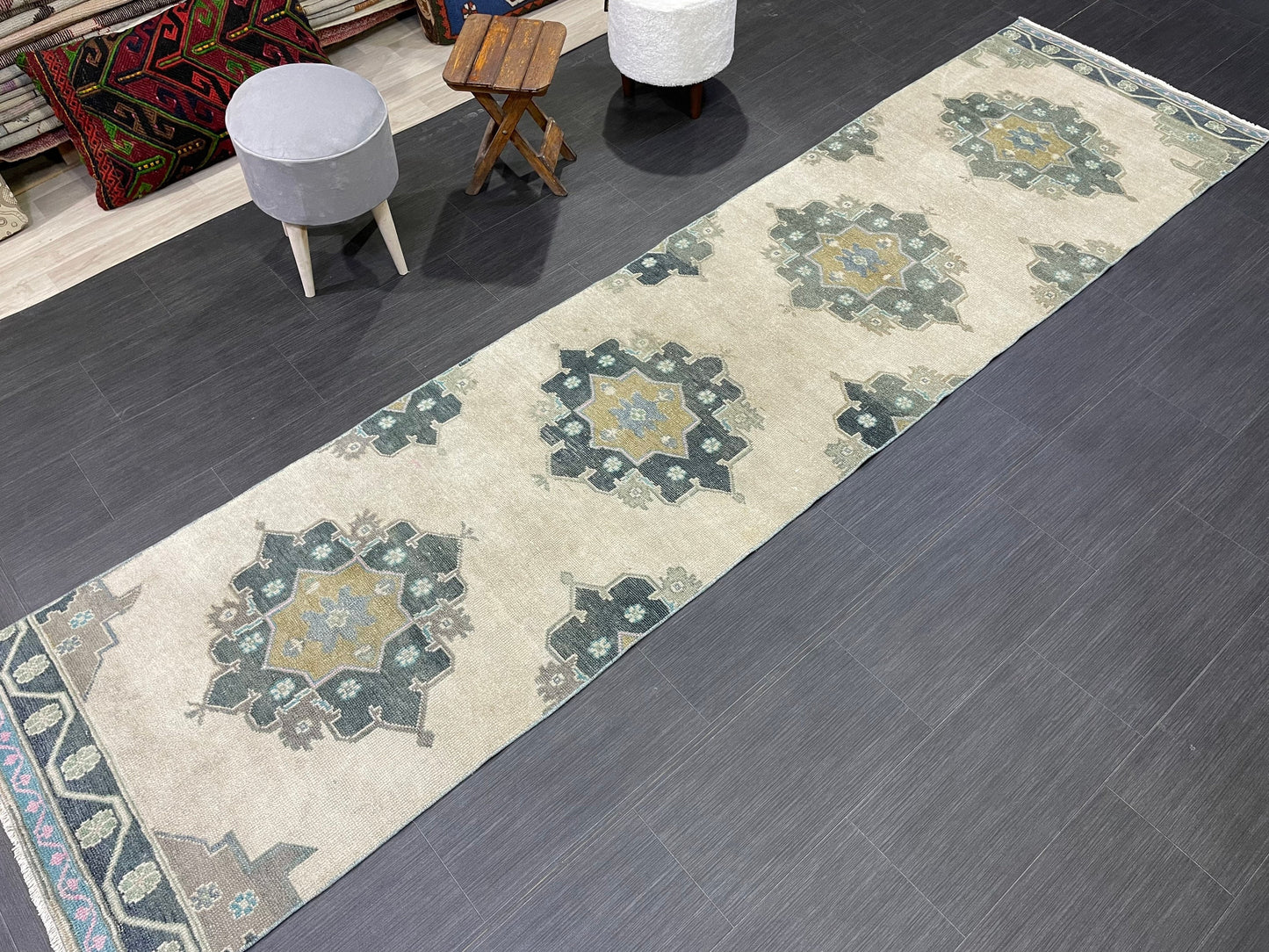 Muted Handmade Runner Rug Turkish Runner 2.7 x 11 Rug Vintage Runner Rug Hallway Runner Rug Kitchen Runner Rug Green Hand Knotted Runner