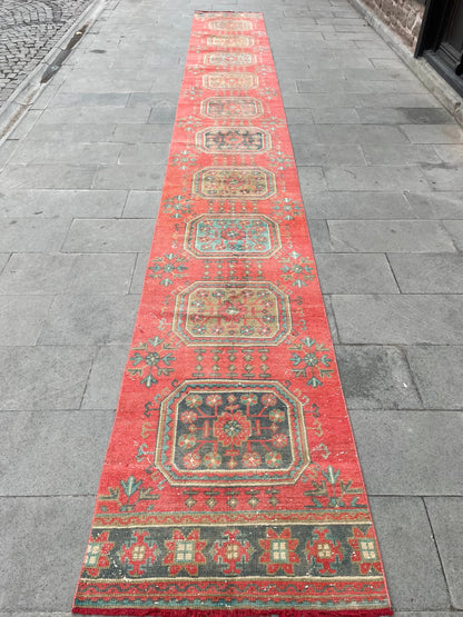Extra Long Turkish Runner Very Long Oushak Runner Rug 2.6 x 20.5 Vintage Stair Runner Rug XL Oriental Runner Rug Staircase Red Runner