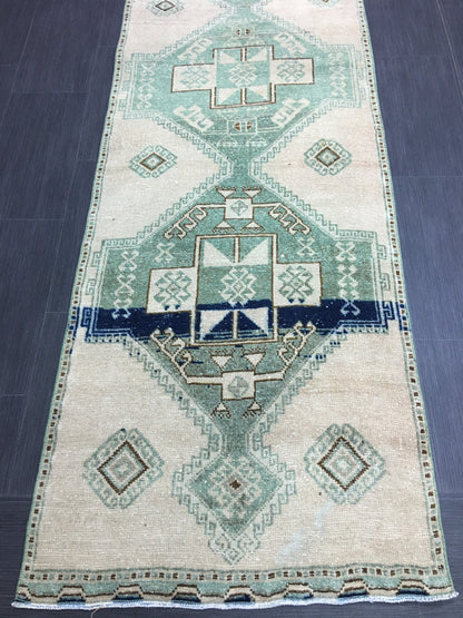 Vintage Hand Made Runner 2.7 x 11.6 Muted Runner Rug Turkish Runner Rug Muted Persian Runner Rug Vintage Rug Oriental Runner Rug Green