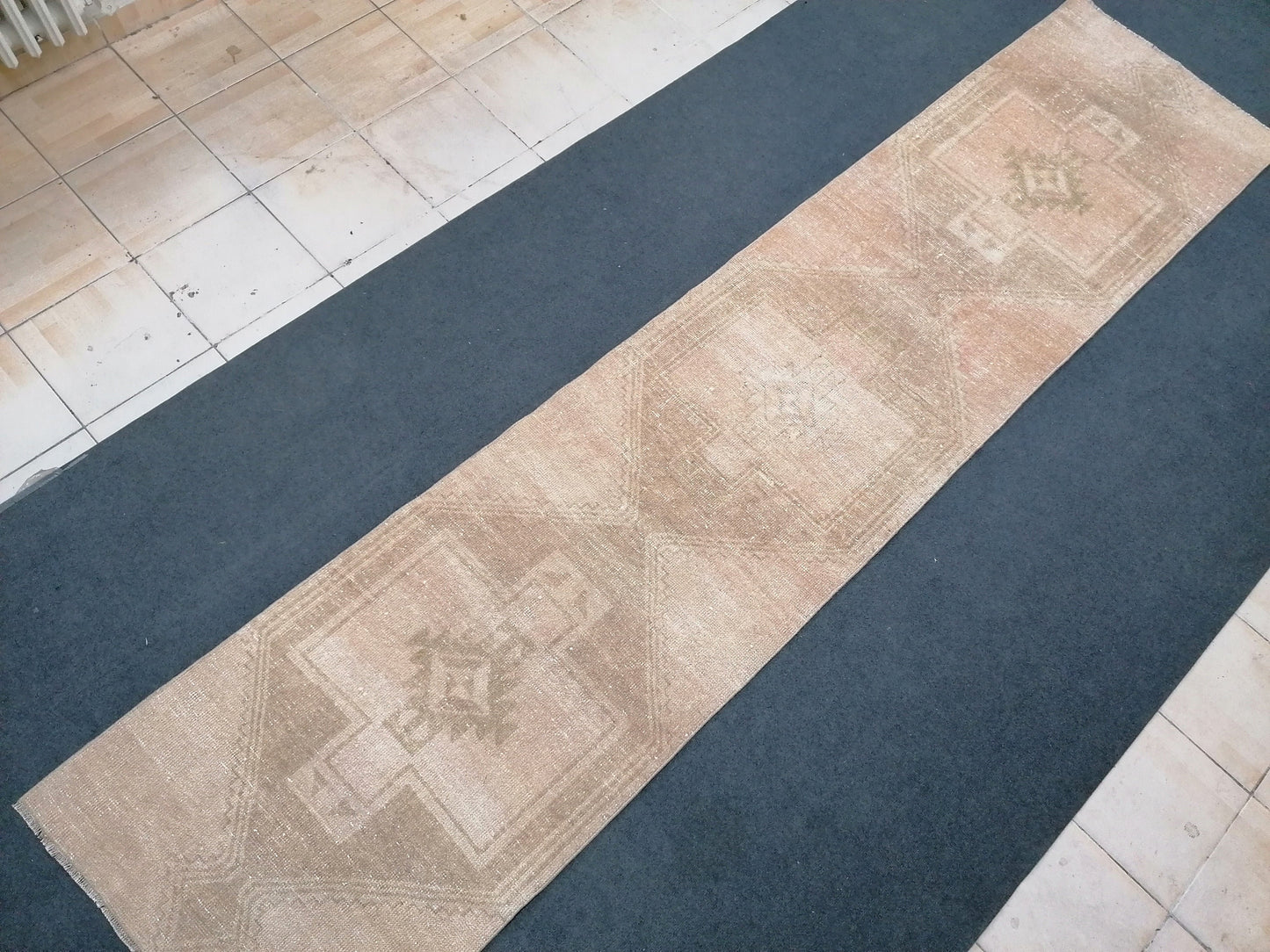 Fade oushak runner rug, 11'8x2'8 muted vintage runner rug, turkish runner rug, hallway runner rug, kitchen runner rug, pastel hand made rug