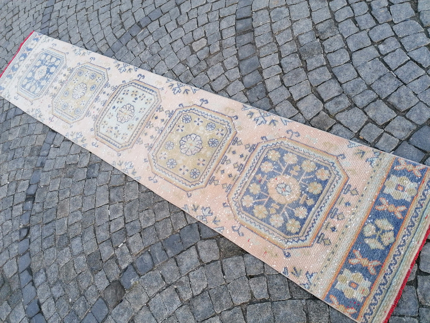 2'3x11'8 oushak turkish runner rug,turkish wool runner rug,hallway runner, vintage blue runner rug, vintage green runner rug,kitchen runner