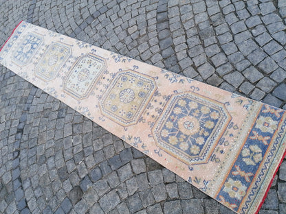 2'3x11'8 oushak turkish runner rug,turkish wool runner rug,hallway runner, vintage blue runner rug, vintage green runner rug,kitchen runner