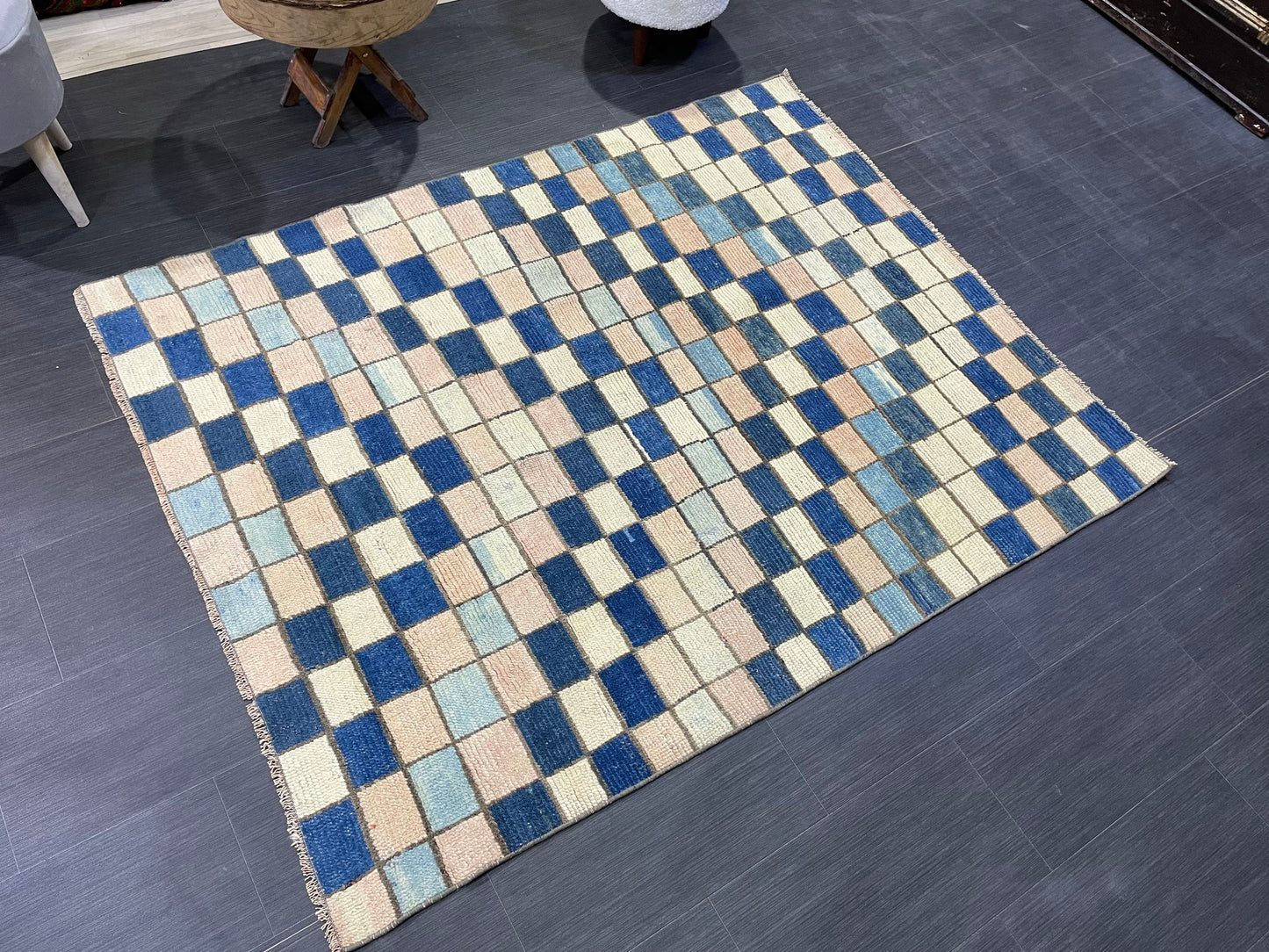 Persian Rug, Vintage 4.7 x 5.10 Rug, Navy Blue Hand Knotted Rug, HANDMADE Rug, Geometric Turkish Rug, Oushak Rug, Oriental Rug, Wool Rug