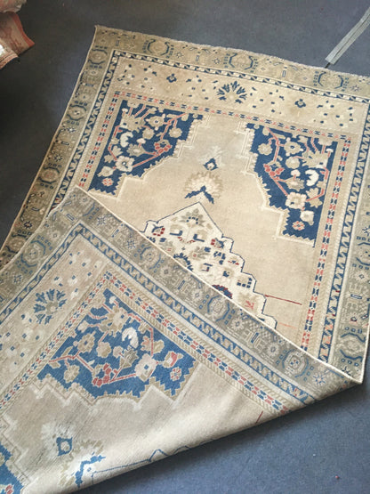 4x8 feet handmade muted oversize wide runner rug, vintage turkish living room rug, oversize kitchen area rug, wool blue persian big size rug