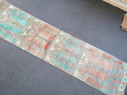 12'x2'11 vintage blue runner rug, vintage hallway runner, vintage kitchen runner rug, vintage anatolian rug