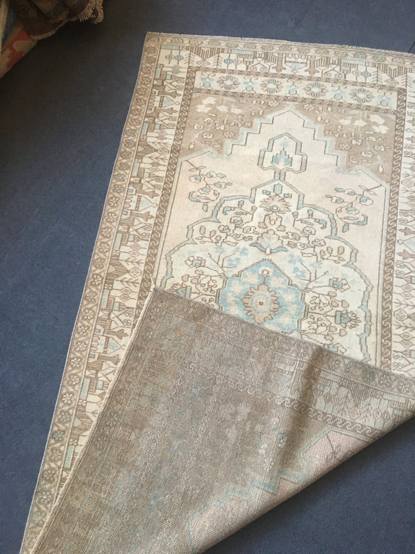 3.4x6.5 ft natural wool rug, faded vintage turkish rug, oushak brown kitchen rug, anatolian bohemian living room rug, blue handmade area rug
