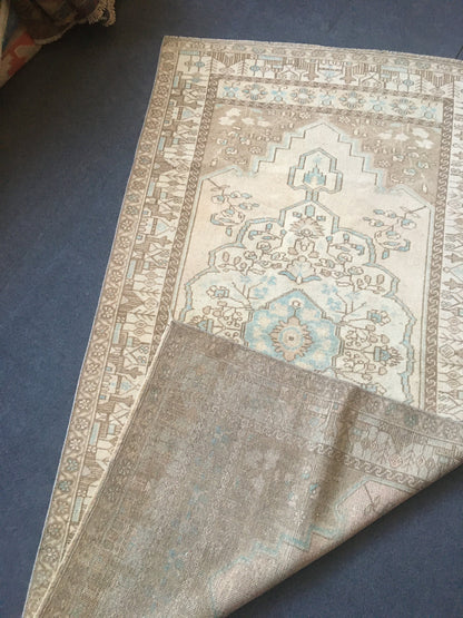 3.4x6.5 ft natural wool rug, faded vintage turkish rug, oushak brown kitchen rug, anatolian bohemian living room rug, blue handmade area rug