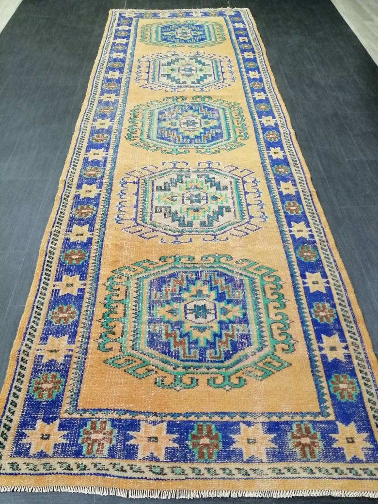 Vintage Runner Rug, 4 X 12.3 Muted Oushak Rug, Turkish Runner Rug , Yellow Persian Rug Runner Turkish Rug, Vintage Rug Oriental Rug 4x12