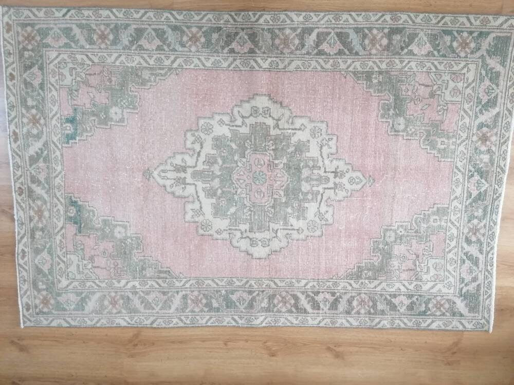 Muted oushak turkish rug 4'2x6'4 pastel vintage rug, handmade wool rug