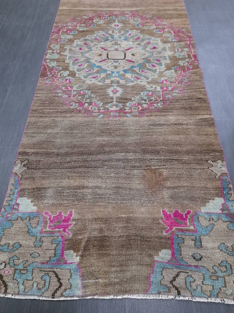 Vintage Runner Rug 3.6 x 10.5 Turkish Runner Rug Varigated  Brown Vintage Runner Rug Hallway Runner Rug Kitchen Runner Rug Wool Runner