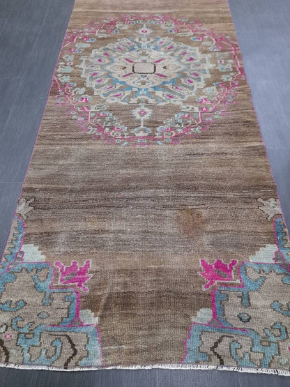 Vintage Runner Rug 3.6 x 10.5 Turkish Runner Rug Varigated  Brown Vintage Runner Rug Hallway Runner Rug Kitchen Runner Rug Wool Runner