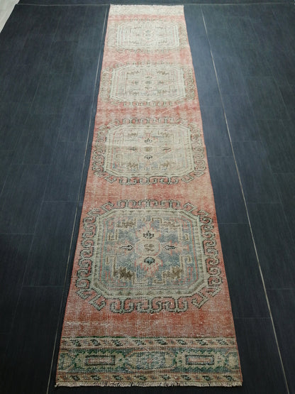 2.4 x 10.9 Distressed Oushak Runner Rug Turkish Runner Rug Vintage Runner Rug Hallway Runner Rug Kitchen Runner Rug Wool Runner Rug Wool