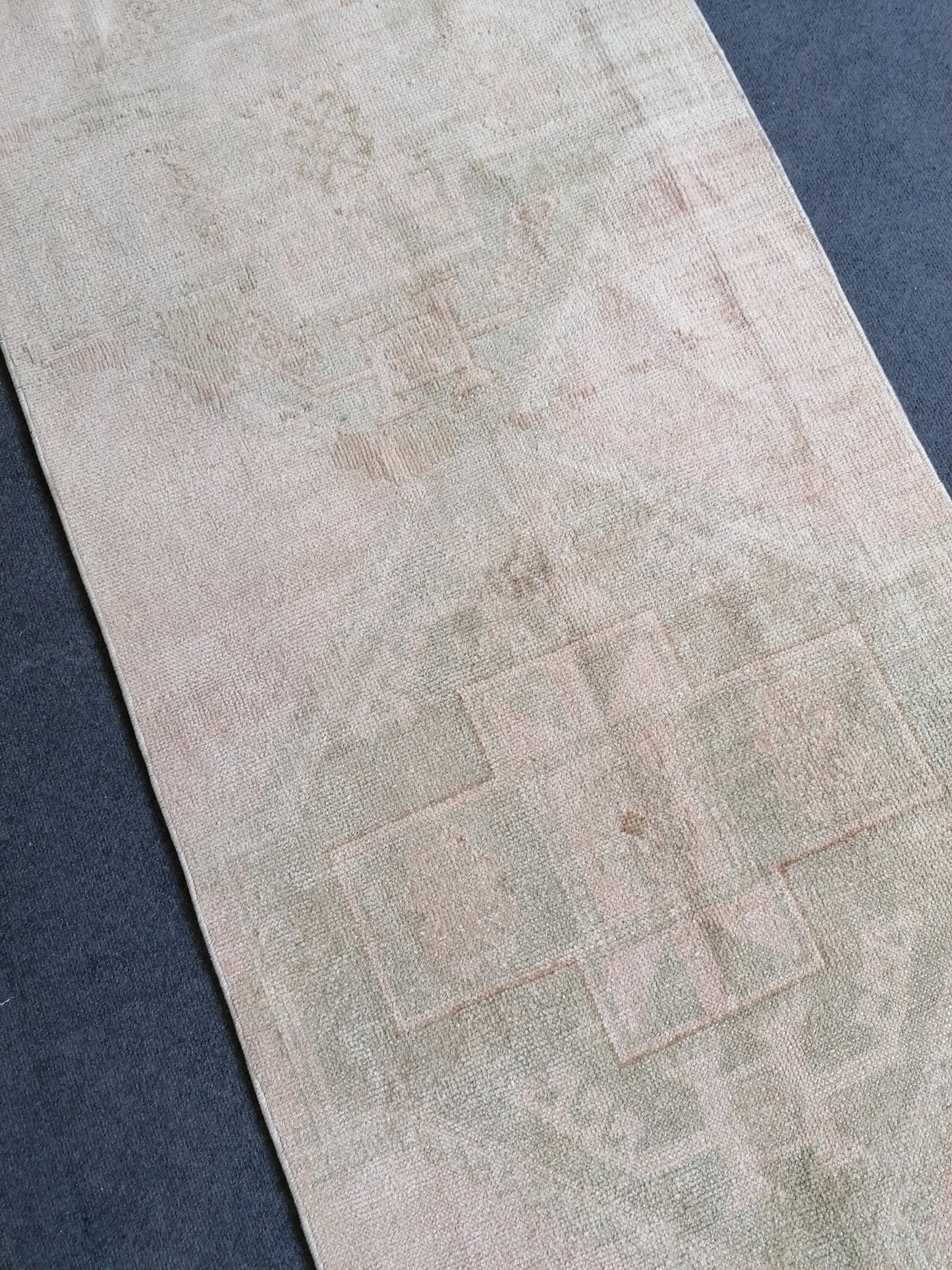 2'8x12 oushak turkish runner rug, hallway runner rug, hand made rug, oushak vintage runner rug, vintage rug, vintage anatolian rug