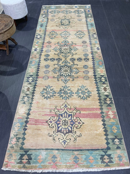 Vintage Runner Rug, 3x9 TURKISH Muted Runner Rug, Vintage Oushak Runner Rug, Quality Fine Runner Rug,Wool Oriental Runner Antique Runner Rug