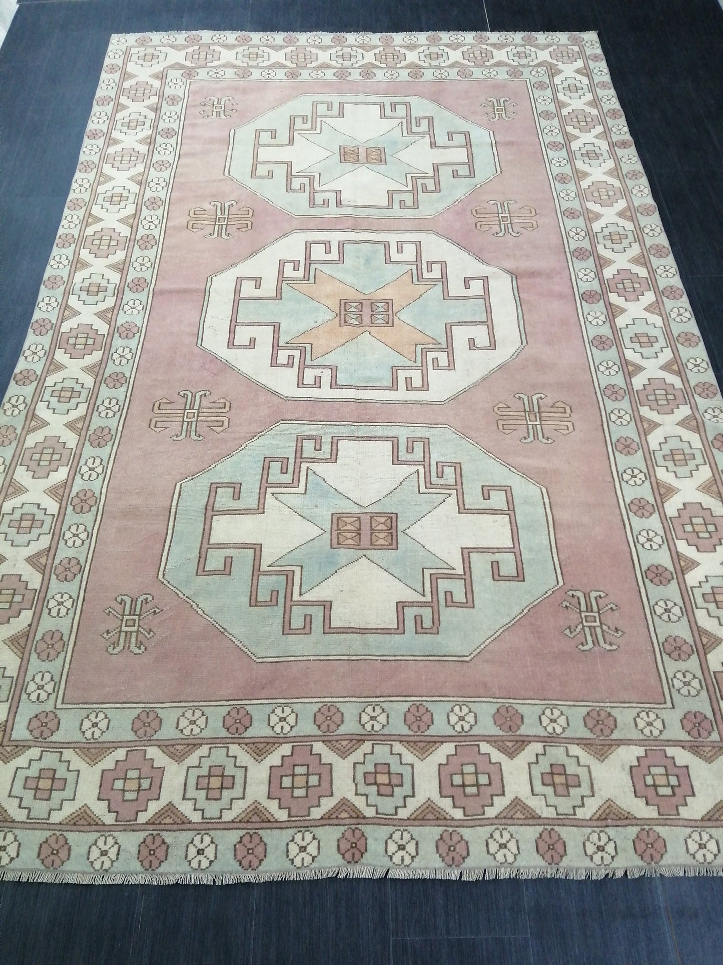 Muted OUSHAK RUG 9.7 x 6.4  Muted Vintage Rug Vintage Rug Dusty Rose And Ice Blue Wool Oushak Rug Hand Made Rugs Vintage Turkish Rug