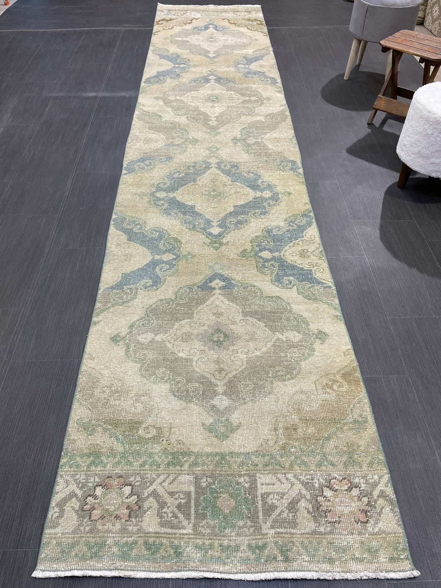 Muted Vintage Runner 2.6 x 12.6 Rug, Persian Runner Rug, Wool Oushak Runner Rug, Turkish Runner Rug, Kitchen Runner Rug, Hallway Runner rug