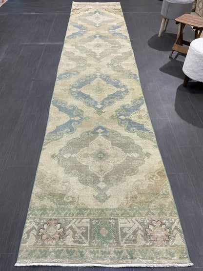 Muted Vintage Runner 2.6 x 12.6 Rug, Persian Runner Rug, Wool Oushak Runner Rug, Turkish Runner Rug, Kitchen Runner Rug, Hallway Runner rug