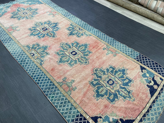 Turkish Oushak Runner 4.2 x 10 Rug Turkish Runner Rug Vintage Runner Rug Hallway Runner Rug Kitchen Runner Rug Wool Runner Navy Green