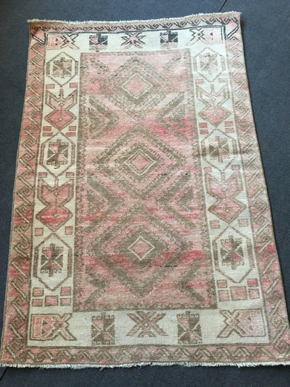 3x4 feet nautral faded turkish mini area rugs, handmade oushak bedroom rug, vintage red kitchen floor rug, small wide bathroom rug, wool rug