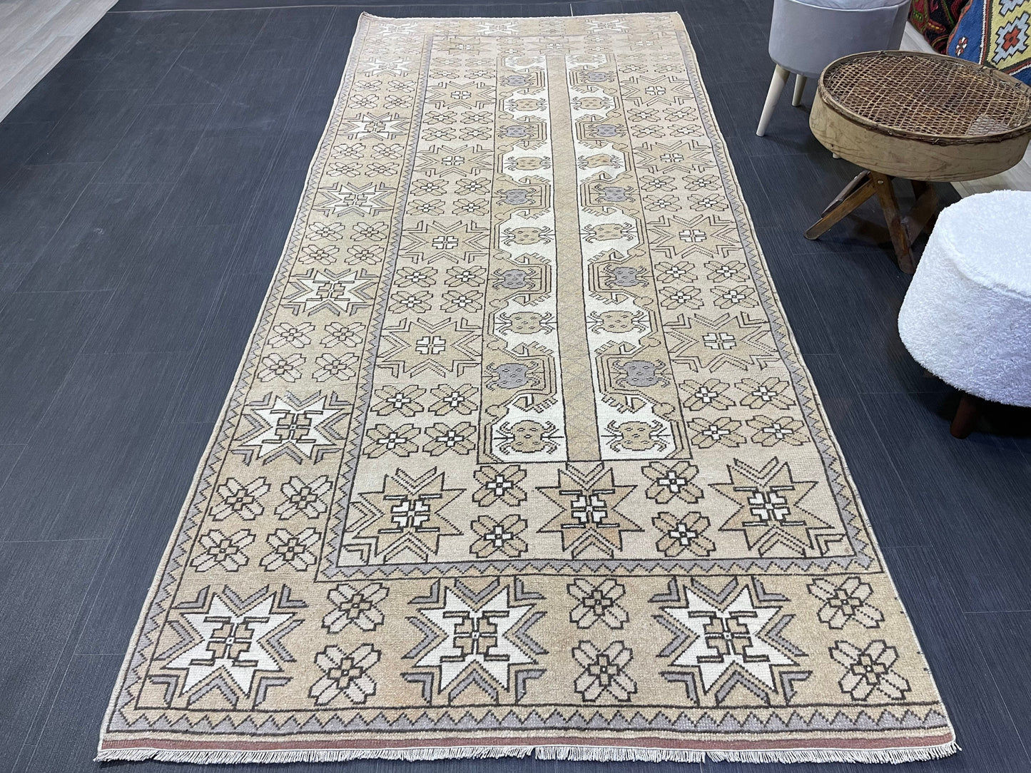 Vintage RUG, TURKISH 4 x 9.4 Rug, Wool Hand Knotted Rug, Persian Rug Wool Handmade Rug, Oushak Rugs Muted traditional rug