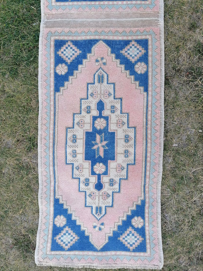 Blue pillow runner rug 1'10x7 hallway vintage rug, entryway hand made rug, kitchen runner
