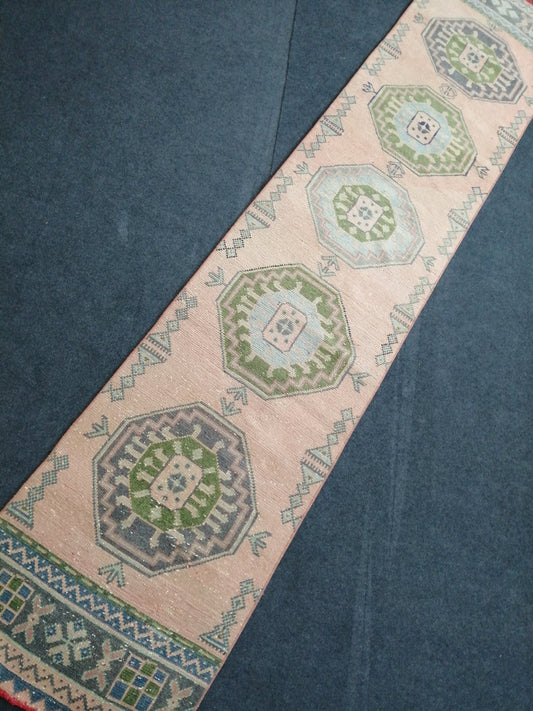2.3 x 11.2 Oushak Runner Turkish Runner Rug Vintage Runner Rug Hallway Runner Rug Turkish Rug Runner Wool Runner Rug Green and Pink Runner