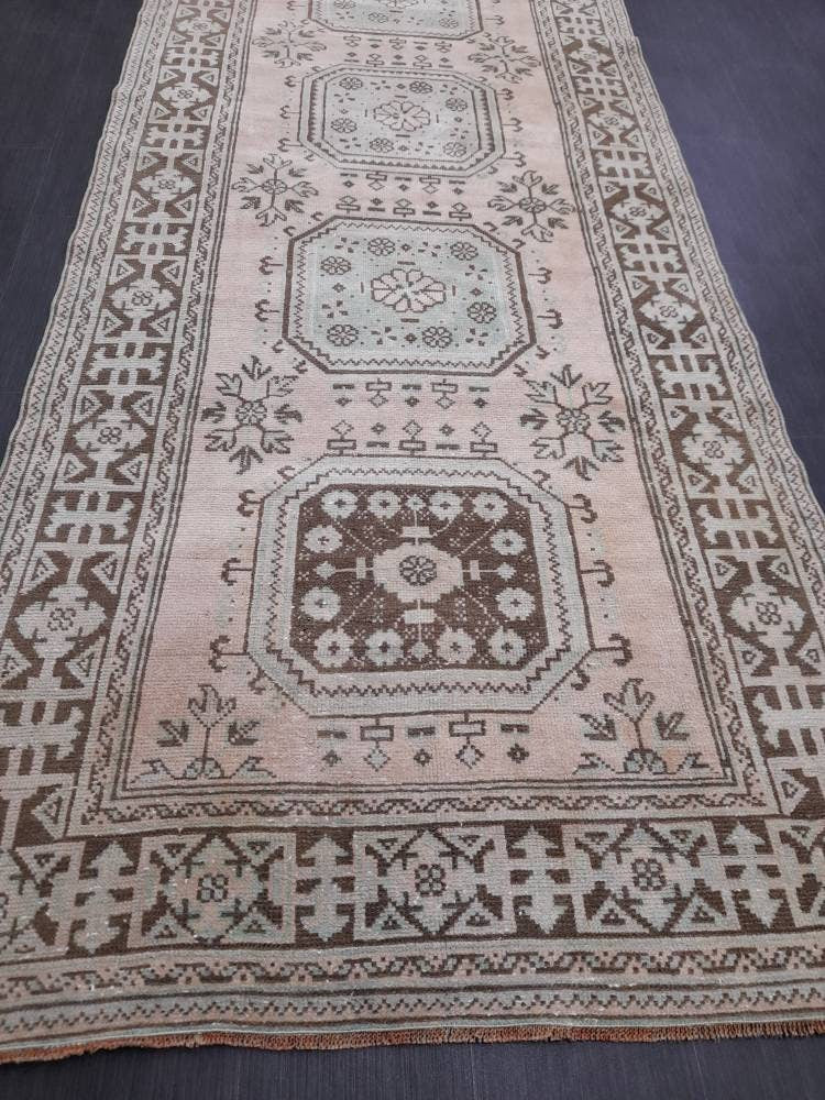 Vintage TURKISH Runner Rug Vintage Runner Rug 4.4 x 12.2 Oriental Runner Rug Wool Oushak Rug Hand Knotted Rugs Vintage Turkish Runner Rug