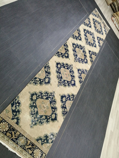 2.6 x 14 Long Navy Oushak Runner Rug Turkish Runner Rug Vintage Runner Rug Hallway Runner Rug Kitchen Runner Rug Wool Runner Rug Wool  Rug