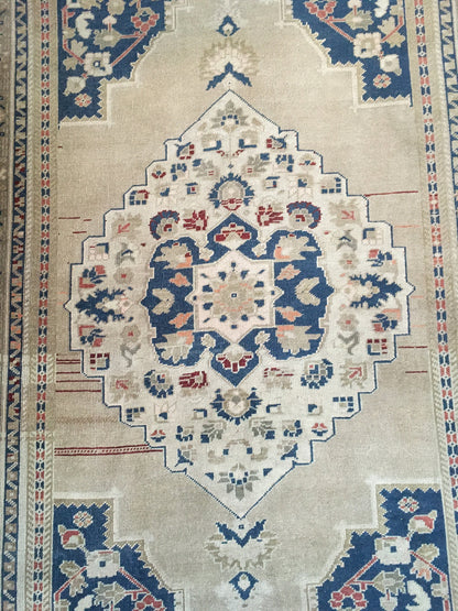 4x8 feet handmade muted oversize wide runner rug, vintage turkish living room rug, oversize kitchen area rug, wool blue persian big size rug