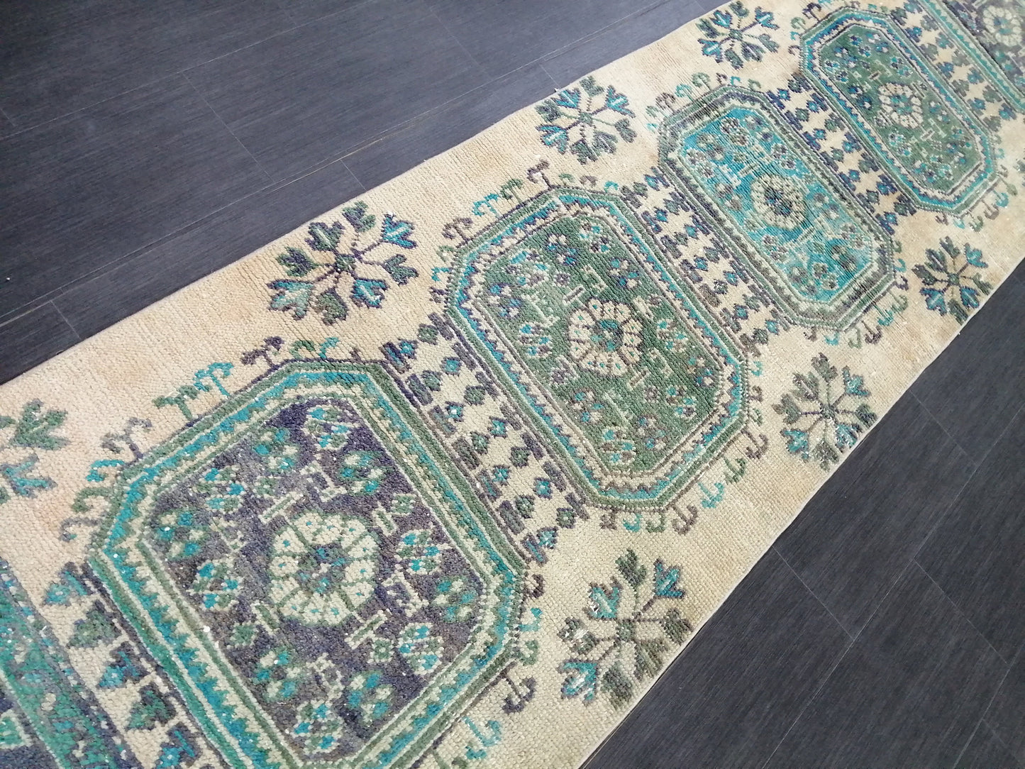 Green Blue Beige Oushak Runner Rug 11.8 x 2.8 Turkish Runner Rug Vintage Runner Rug 3x12 Hallway Runner Rug Kitchen Runner Rug Wool Runner