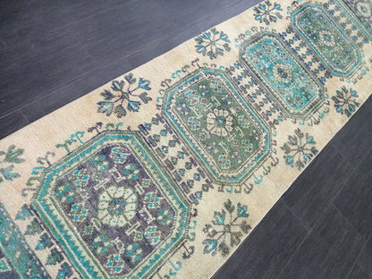 Green Blue Beige Oushak Runner Rug 11.8 x 2.8 Turkish Runner Rug Vintage Runner Rug 3x12 Hallway Runner Rug Kitchen Runner Rug Wool Runner