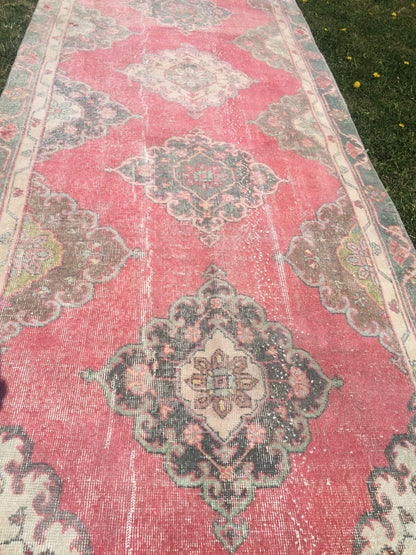 4x12 Vintage Runner rugs, Muted Runner RUG, TURKISH Runner, Pink Runner Rug, Pastel Oushak Rug ,Wool Runner Rugs, Oriental Runner  Rug