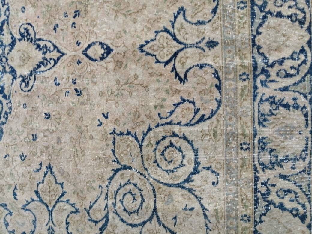 Muted Persian RUG 6.7 x 10 Turkish Oushak Rug Vintage Antique Rug Vintage Blue Light Pink Rug Wool Muted Oriental Rug Hand Made Rug