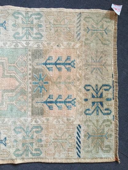 3x4 feet large turkish floor rug, handmade natural teal mini area rug, oushak bedroom rug, living room wide rug,kitchen floor wool brown rug