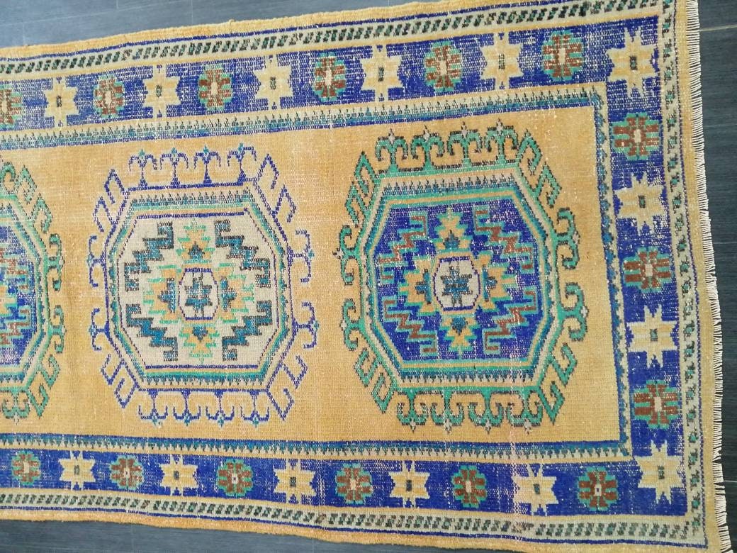 Vintage Runner Rug, 4 X 12.3 Muted Oushak Rug, Turkish Runner Rug , Yellow Persian Rug Runner Turkish Rug, Vintage Rug Oriental Rug 4x12