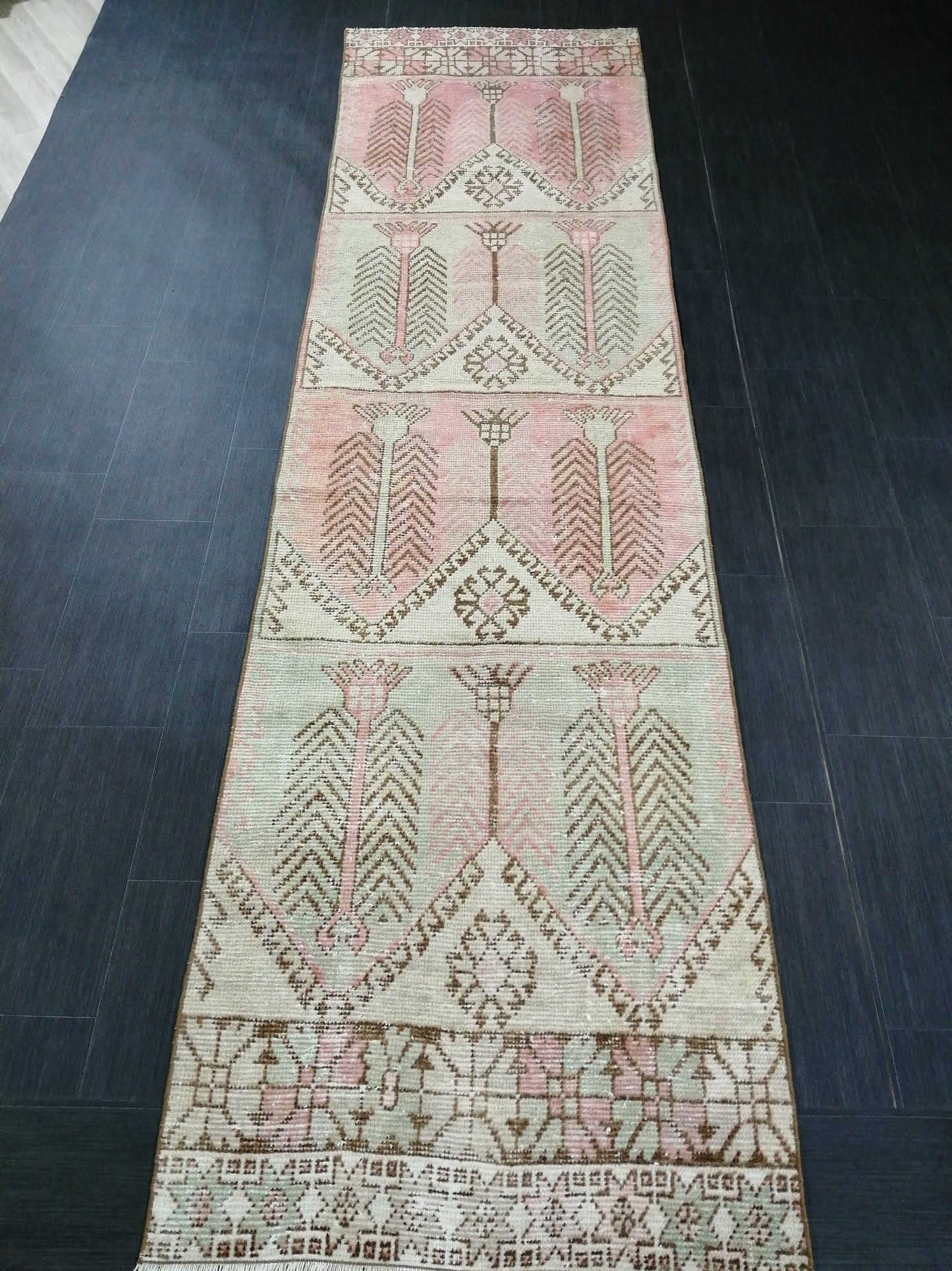 Muted Oushak Runner Rug 11.3 x 3  Pink and Green Vintage Runner Rug Distressed Hallway Runner Rug Kitchen Runner Rug Wool Runner Rug