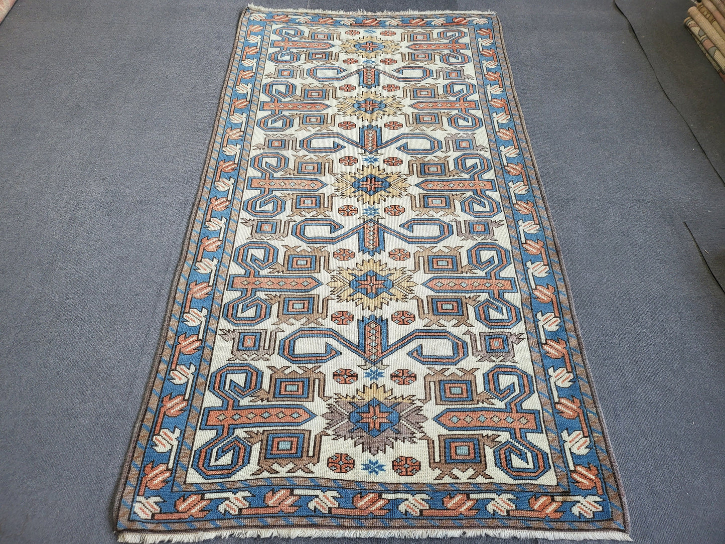 TURKISH Oushak Rug 3.5 x 6.5 Vintage Blue Oriental Rug Vintage Runner Rug Wool Kazak Rug Handmade Rug Hand Knotted Rug