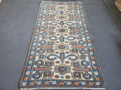 TURKISH Oushak Rug 3.5 x 6.5 Vintage Blue Oriental Rug Vintage Runner Rug Wool Kazak Rug Handmade Rug Hand Knotted Rug