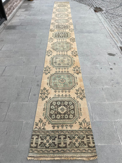 Muted Vintage Extra Long Turkish Runner Distressed 2.4 x 22.2 Stairs Runner Rug Vintage Runner XL Oriental Runner Staircase Handmade Runner