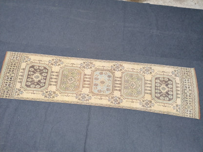 3x11 mute soft oushak turkish runner rug, vintage turkish runner rug, pastel handmade kitchen runner rug, bathroom rug, entryway runner rug